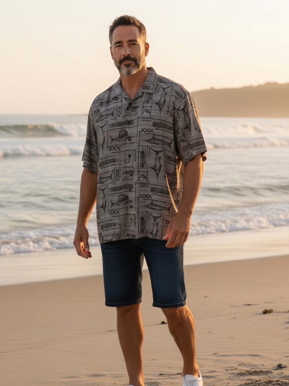 Quiksilver Gray Short-Sleeve Button-Up Shirt with Fish Print